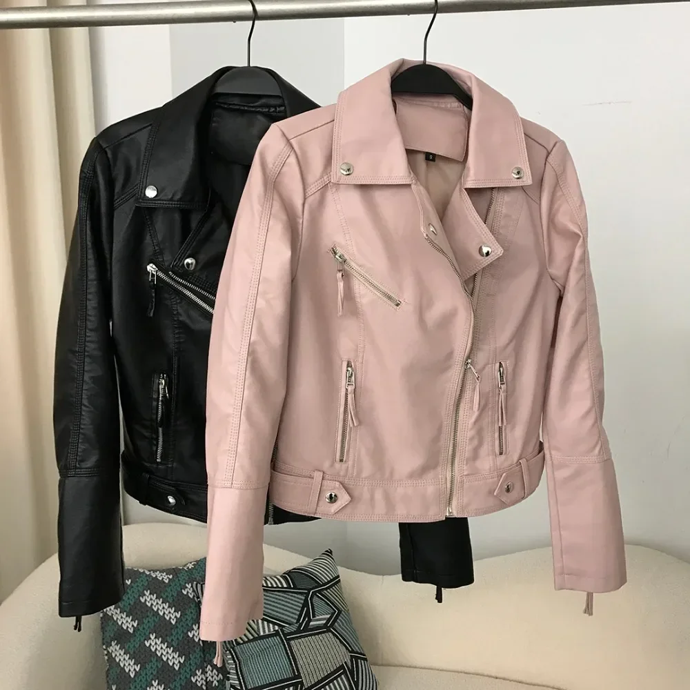 2024 Turn down Collar Women Autumn Pu Faux Leather Jacket Soft Motorcycle Zipper Coat Female Slim Biker Coats Basic Streetwear