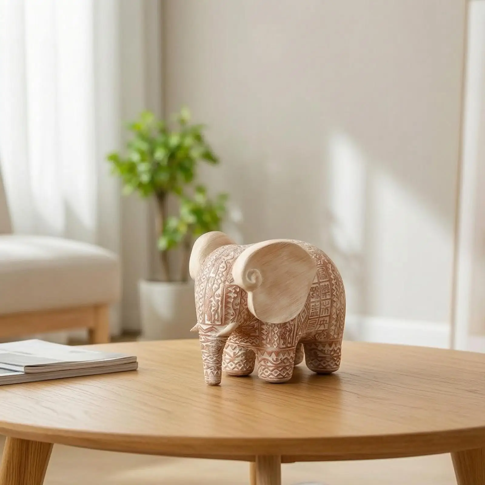 Antique Finish Resin Elephant Sculpture Light Wood Color Brown Detail for Coffee Table Console Shelf Living Room Decor Gift