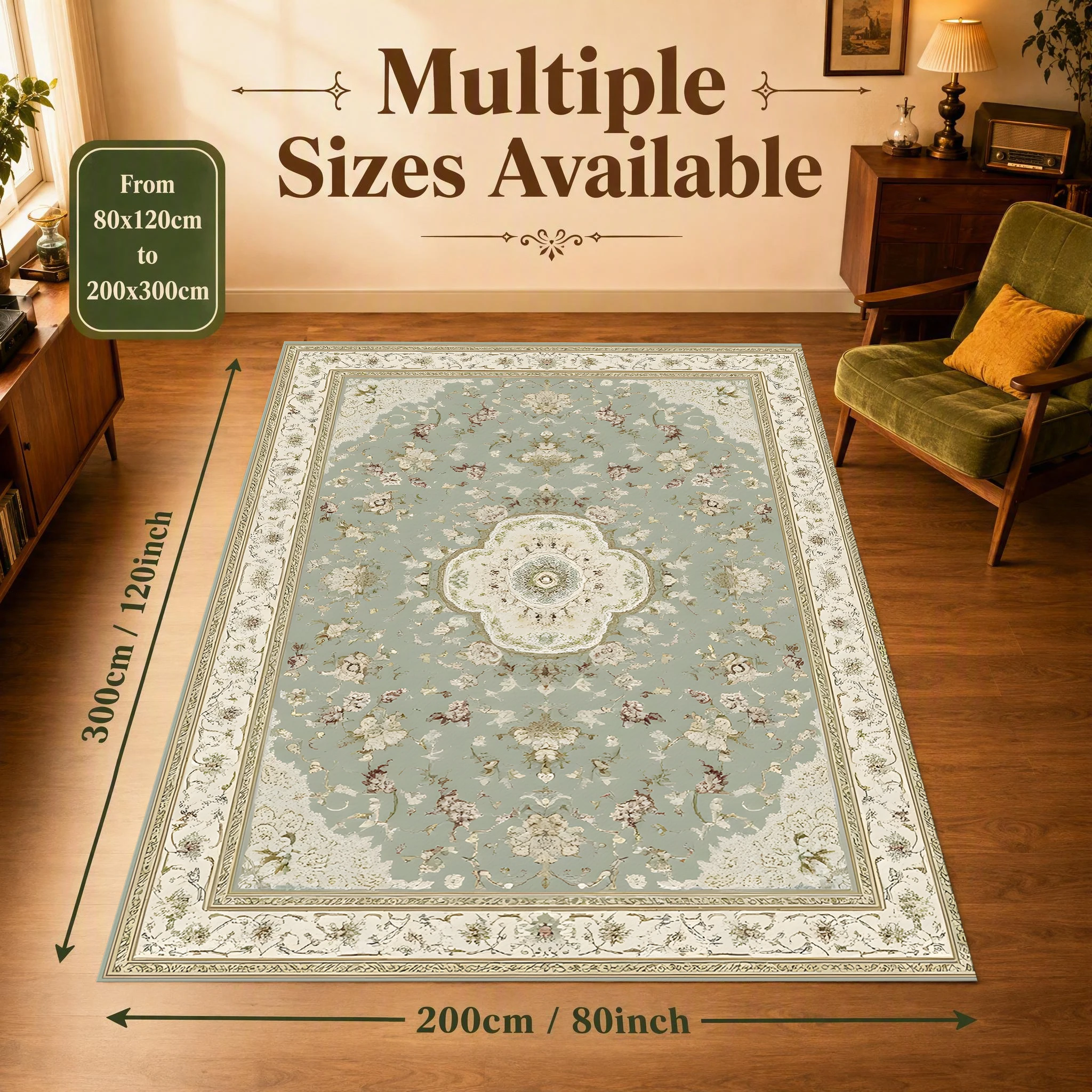 Light Blue European Floral Velvet Area Rug, Vintage French for Living Room Bedroom, Autumn Winter Christmas