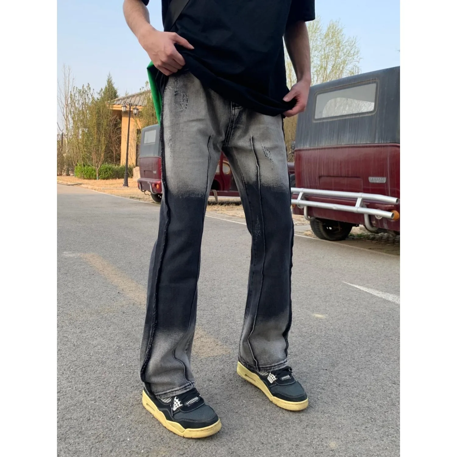 

Retro adient Dyed Straight Leg Jeans Men's Loose Fit Bootcut Pants Autumn Winter plus Size Street Sle Vintage Blue Denim