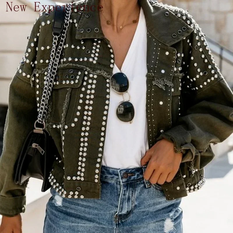 Women's Loose Short Women's High-quality Denim Jacket Handmade Rivet Denim Jacket Basic Coat Motorcycle Style Streetwear