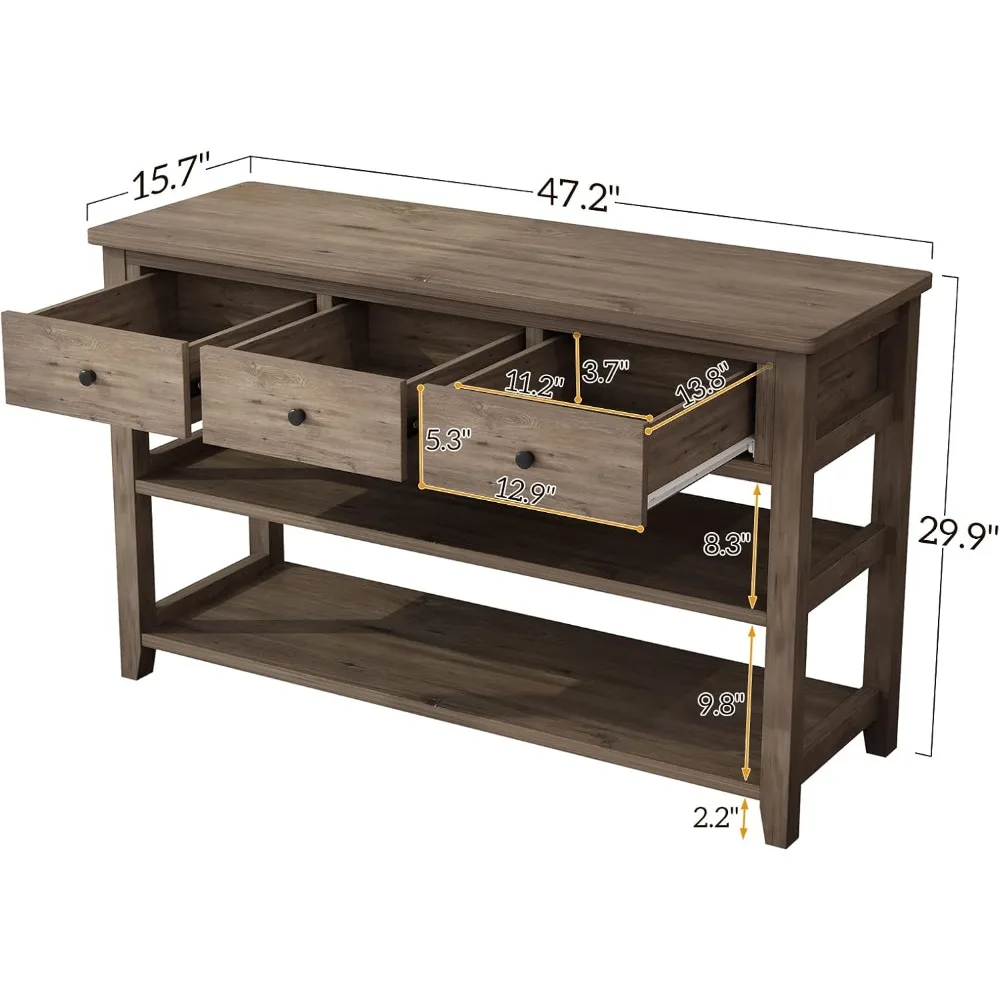 Table console d'entrée vintage à 3 tiroirs avec étagères de rangement, bureau latéral de canapé pour couloir et salon