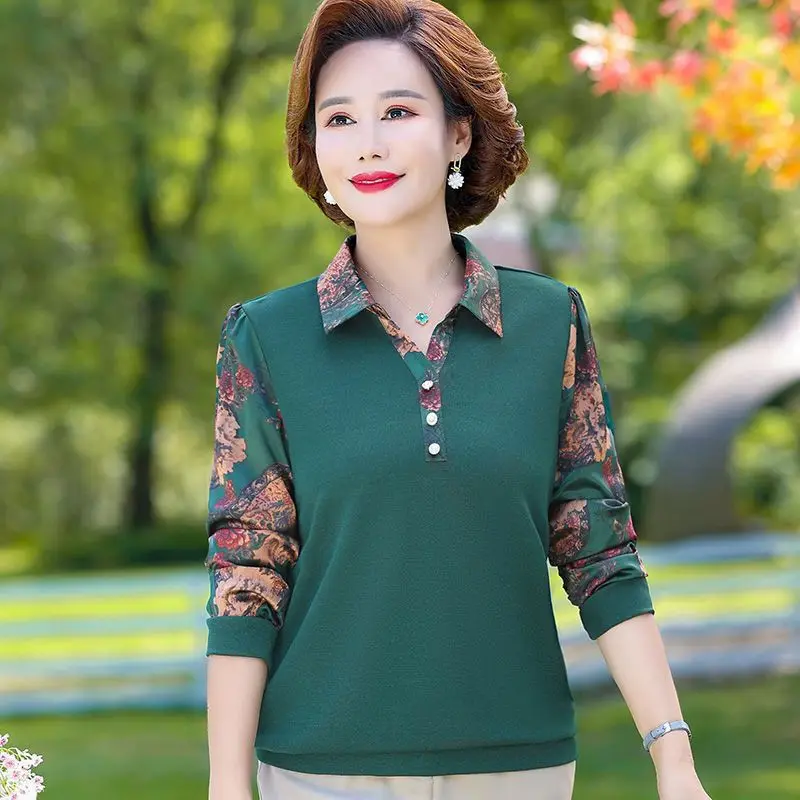 

High-end Mother Style Long-sleeved T-shirt Shirt for Middle-aged and Elderly People Loose Slimming Large Size Top
