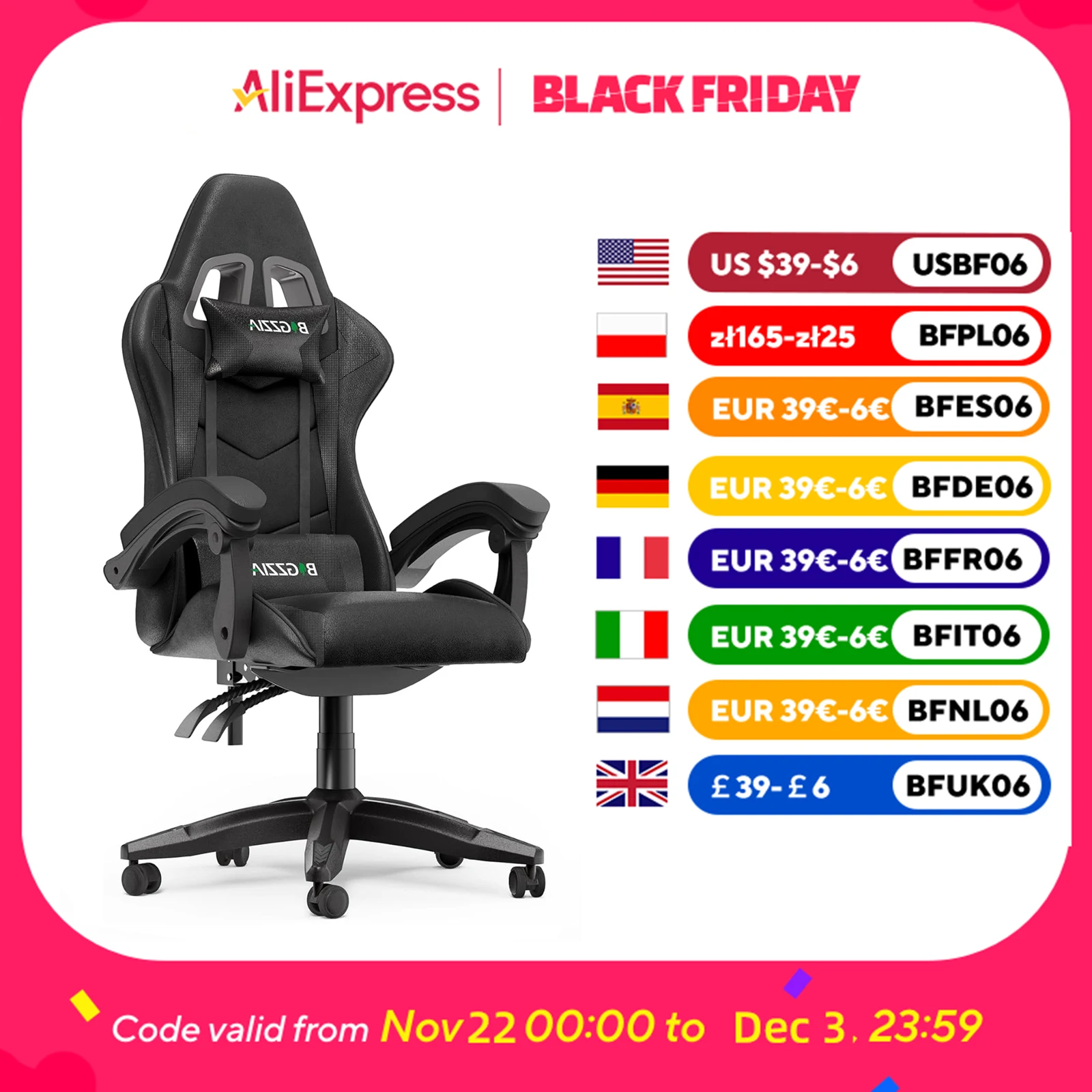 Bigzzia Ergonomic Gaming Chair Gamer Chairs with Lumbar Cushion Headrest, Height-Adjustable Computer Office Chair for Home