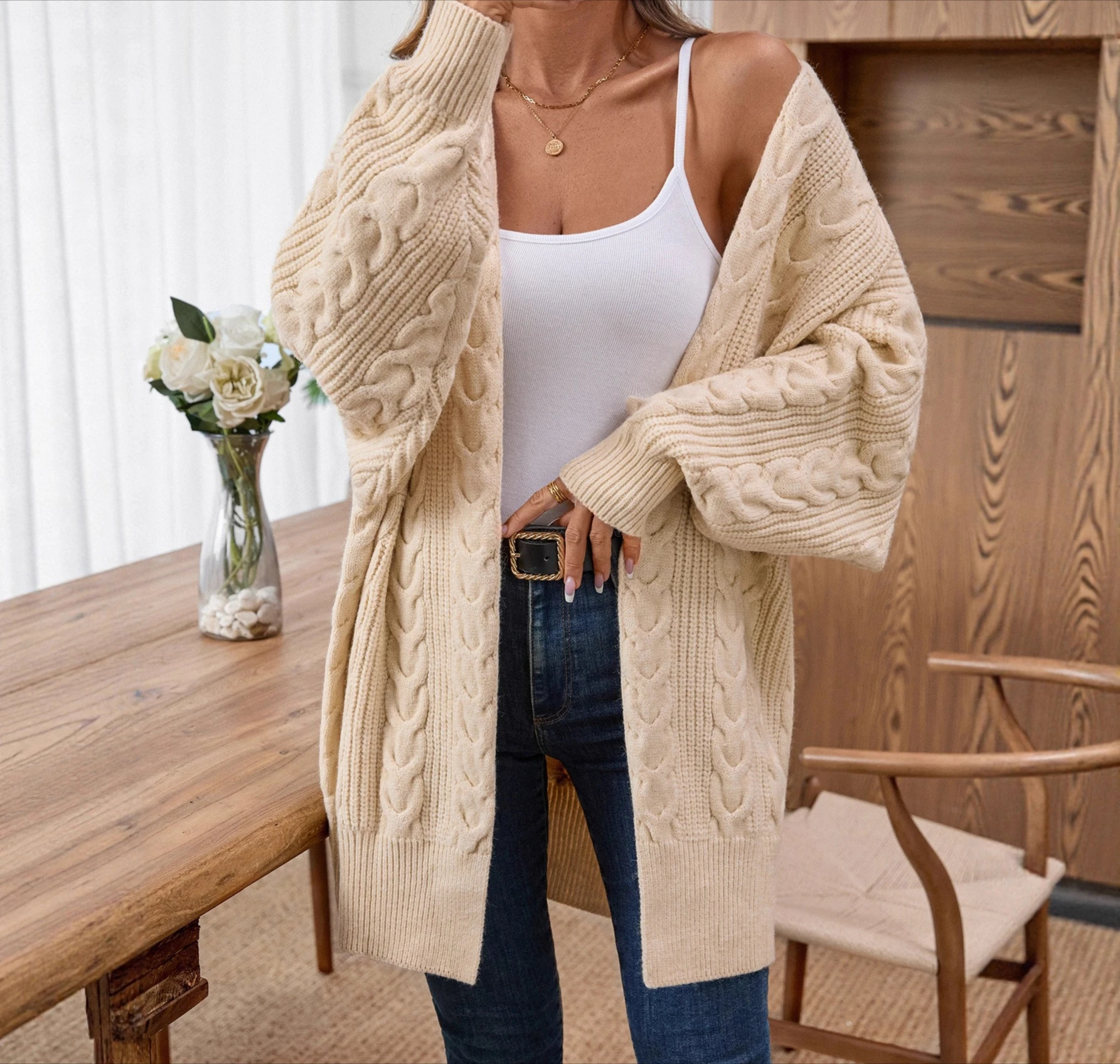 

Autumn and Winter New Medium Length Knitting Cardigan Retro Fashion Thick Loose Fried Dough Twists Sweater Coat Women