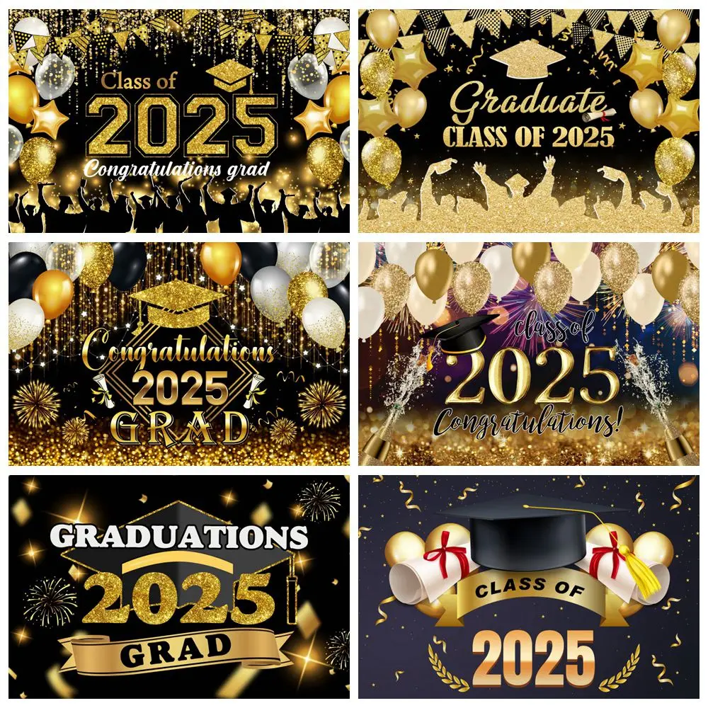 

2025 Graduation Photography Backdrop Glitter Balloons Doctoral Hat Prom Party Graduate Portrait Photo Background Photostudio