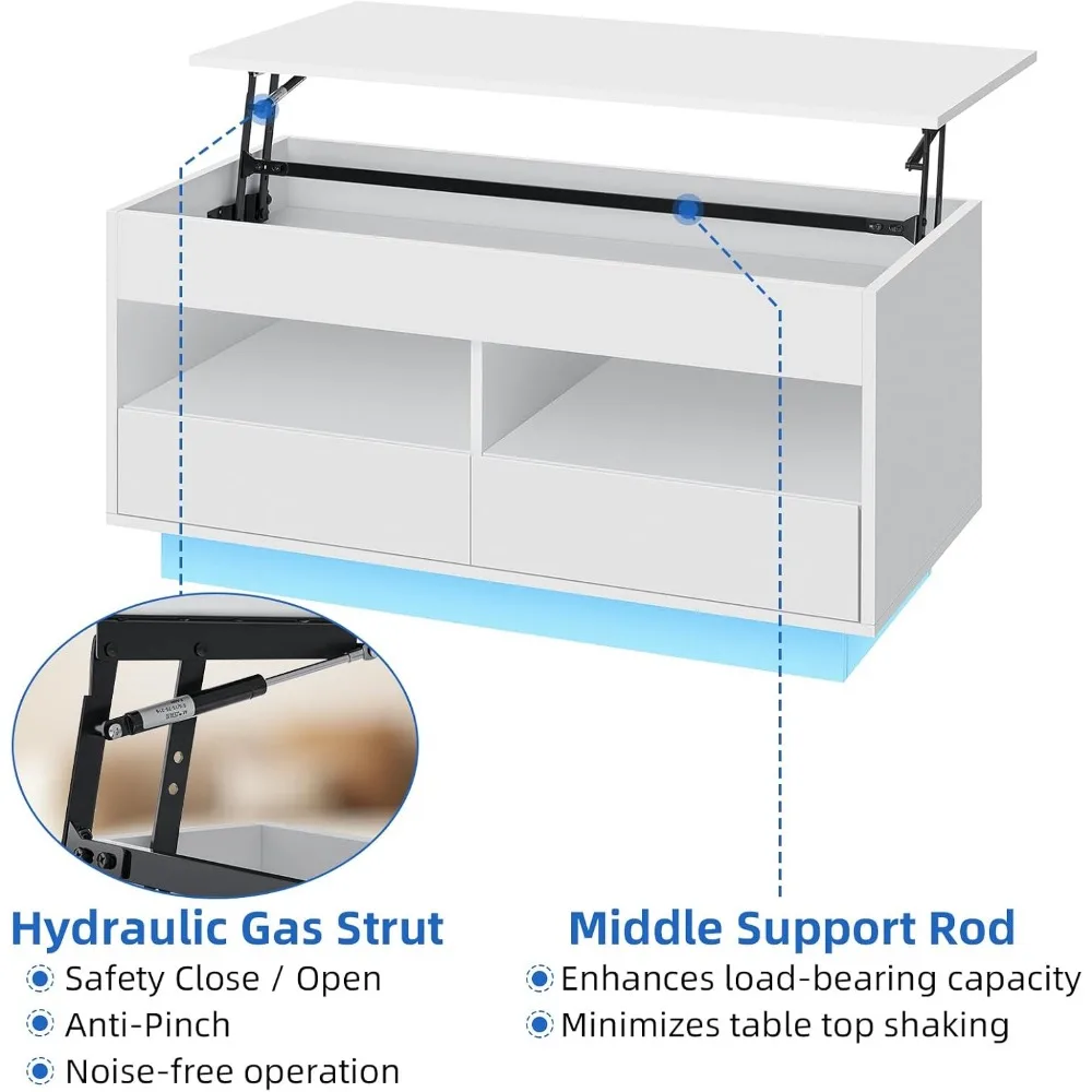 LED Coffee Table with Lift Top Morden Coffee Table with Storage High Gloss White Sofa Table for Living Room Center Tables Hidden