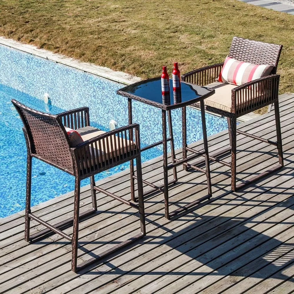 Bar Stools, Wicker Bars Height Table Set, Bar Stools and Pub Table with Striped Pillows & Seat Cushions, Bar Stools