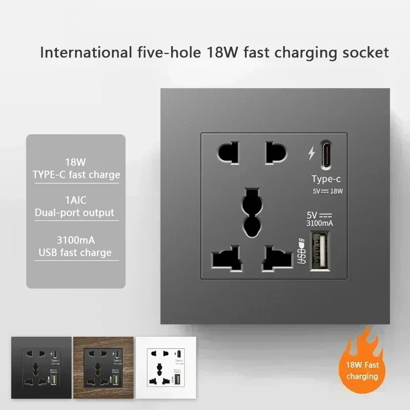 Toma Universal de carga rápida tipo C de 18W de 5 pines, toma de corriente de pared del Reino Unido con cargador USB, enchufe de toma de corriente