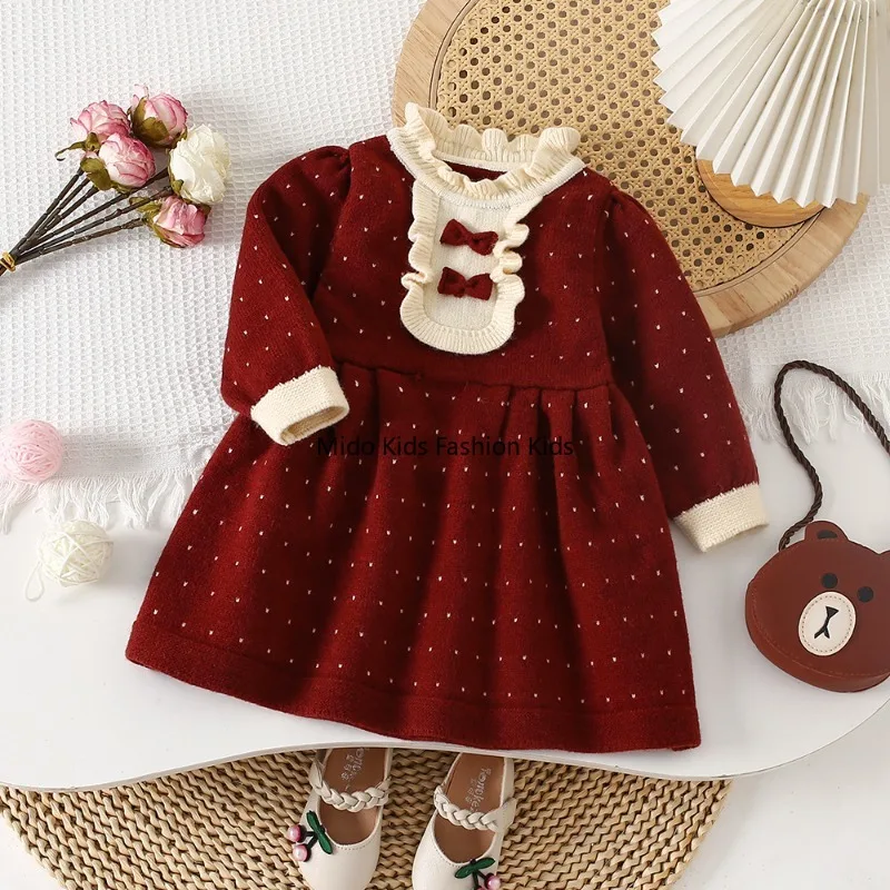 

Kids Princess Dress Winter Knitted Sweater Dress Elegant Korean Style Baby Girl Party Outfit 90-130cm