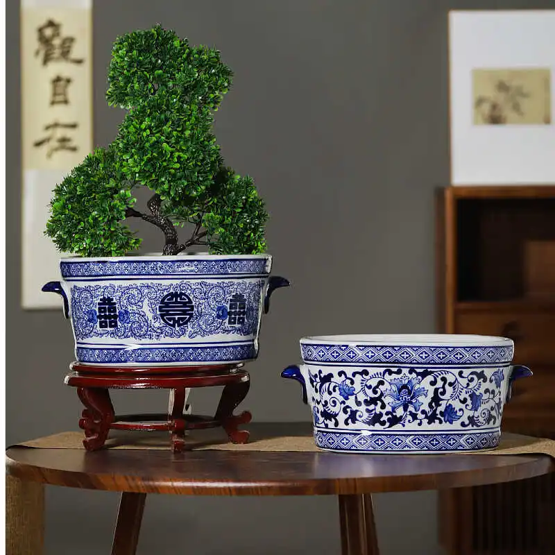 Chinese Style Living Room Hand-Painted Blue And White Porcelain Floor Decorative Vase Happy Character Lucky Flower Pot