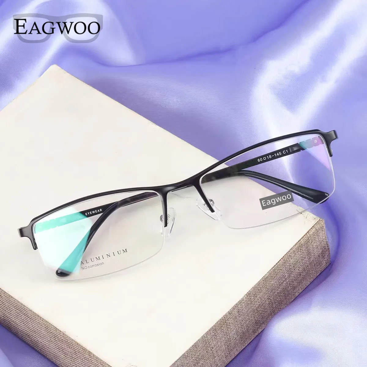 Eagwoo Aluminum Men Wide Face Prescription Eyeglasses Half Rim Optical Frame Business Eye Glasses Light Big Spectacle 60mm wide