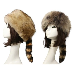 Adult Unisex Plush Flat Top Hat Russian Style Mongolian Hat with Raccoon Tail Woman Teens Casual Windproof Winter Keep Warm Cap