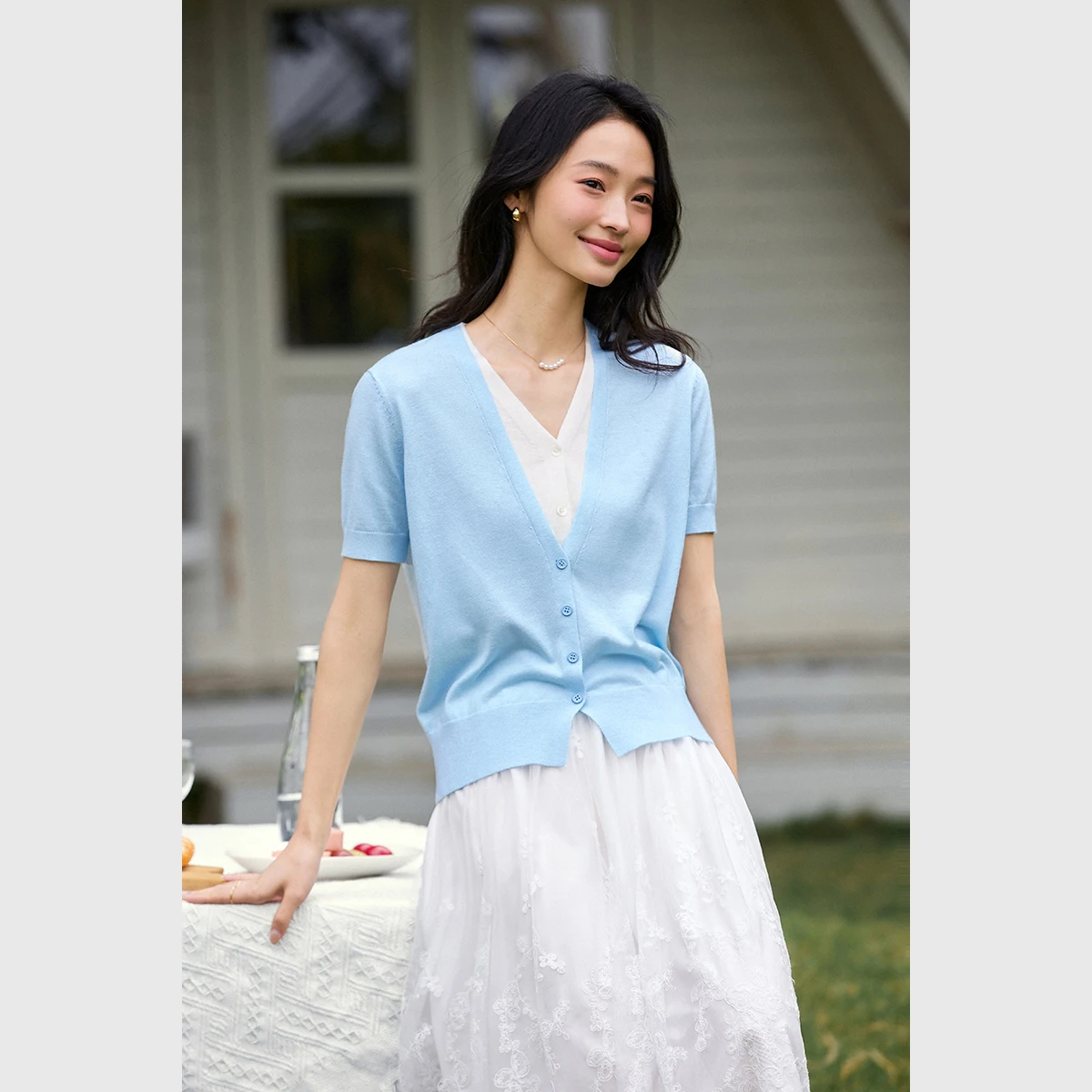 VIMLY Women's Minimalist Fake Two Pieces T-Shirts 2025 Summer Loose Short Sleeve T-shirt Casual O-Neck Cardigan Ladies Top