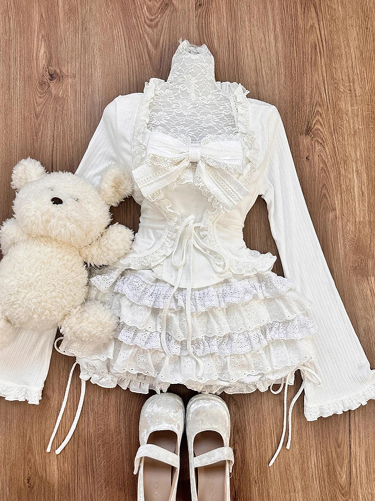 Kawaii Suits Female Lace Bow Corset Blouse Coats + Cake Skirts Japanese Vintage 2 Piece Sets Women Evening Party Clothing Autumn