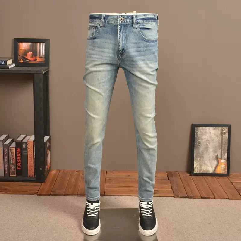 

Streetwear Fashion Men Jeans High Quality Retro Light Blue Elastic Slim Vintage Jeans Men Designer Stretch Denim Pants Hombre