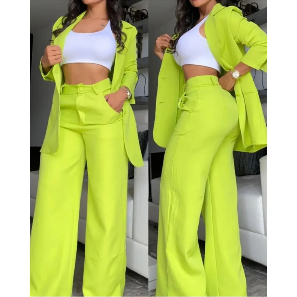 Elegant Autumn Women\'s Blazer & Pants Two Piece Set Female Outifits Fashion Notched Collar Coat & Pocket Design OL Trouser Suit