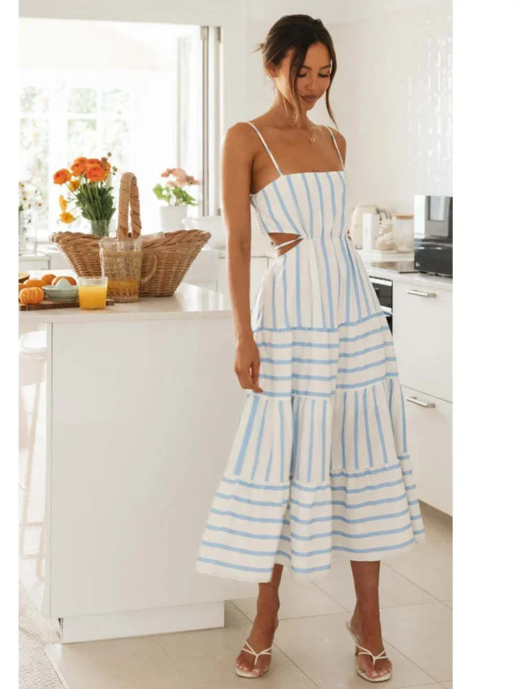 Foridol Striped Summer Women Dress Beach Sexy Boho Sundress Spaghetti Strap Cut Out A-line Maxi Midi Vestidos 2024 Spring Dress