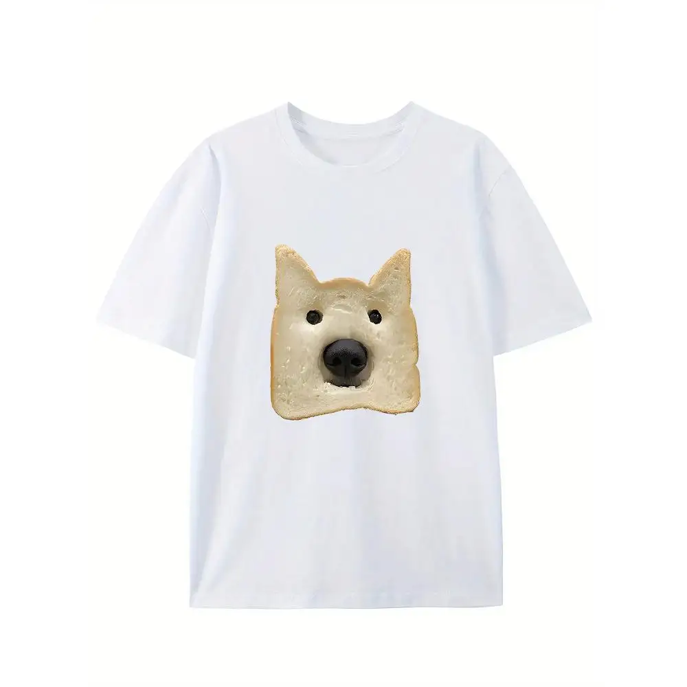 Cute Dog Print T Shirt Casual Summer Round Neck Short Sleeve Rib Knit Detail Breathable Comfortable Daily Wear Casual Top