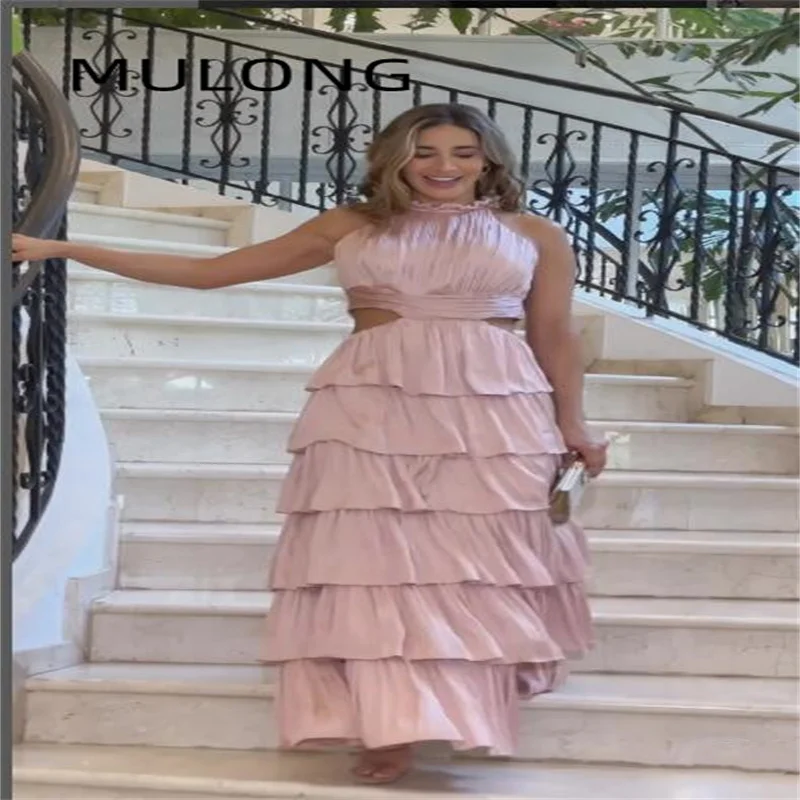 

MULONG Pink Hater Long Beach Dresses For Women Cascading Ruffles Prom Dresses 2023 Knee Leagth Women's Luxury Girl Party Dress