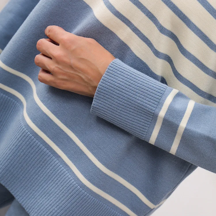 Patchwork Stripe Sweater And Wide Leg Pant Homewear Women Suit O-neck Pullovers + Long Trouser Autumn Winter Two Piece Set 2024
