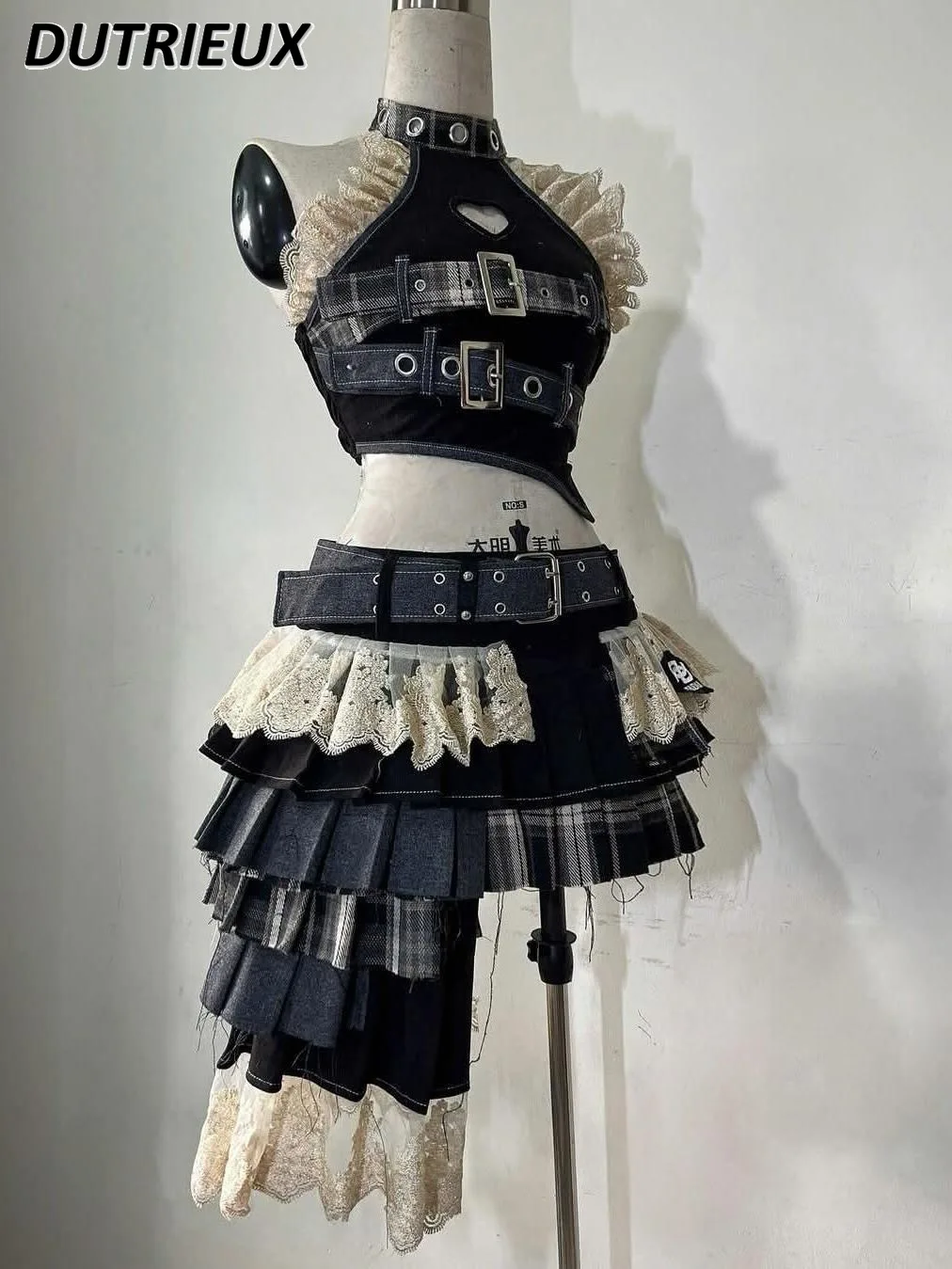 

Harajuku Retro Summer New Women's 2 Piuece Sets Lace Splicing Irregular Top Girl Multi-layer Pleated Skirt Suit Heavy Industry