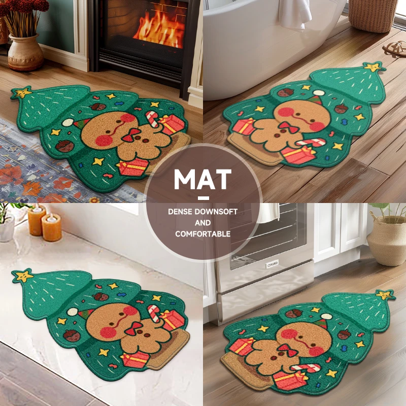 Christmas Themed Gingerbread Man Bathroom Mats Bathroom Anti-Slip Floor Rugs Shower Room Doormat Machine Washable Easier To Dry