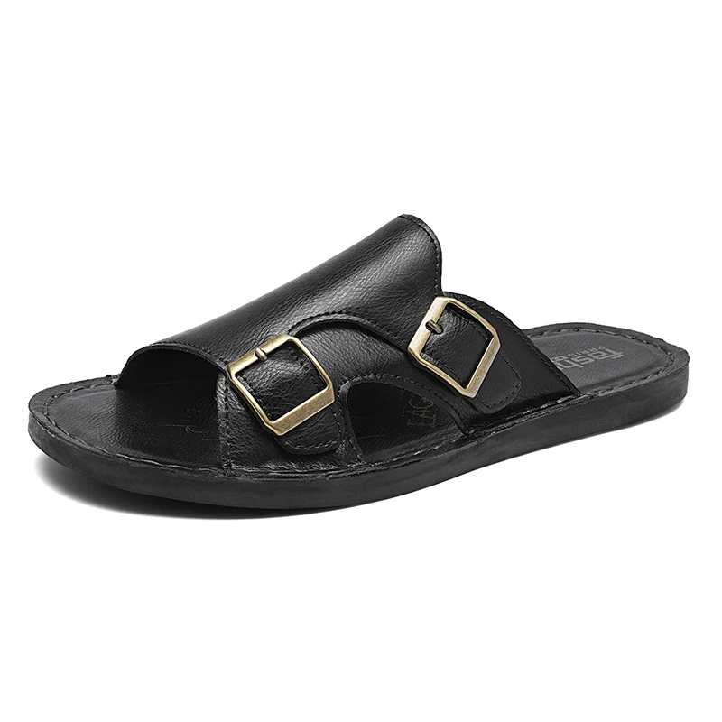 

Men's Adjustable Double Buckle Leather Slide Sandals Open Toe Flat Non Slip Casual Summer Slippers Vintage Antique