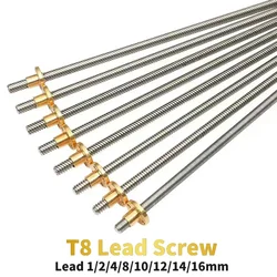 T8 8mm Trapezoidal Stainless Steel Threaded Rod Lead Screw & Brass Nut for 3D Printer 80/117/130/132/190/350/380/500mm Length