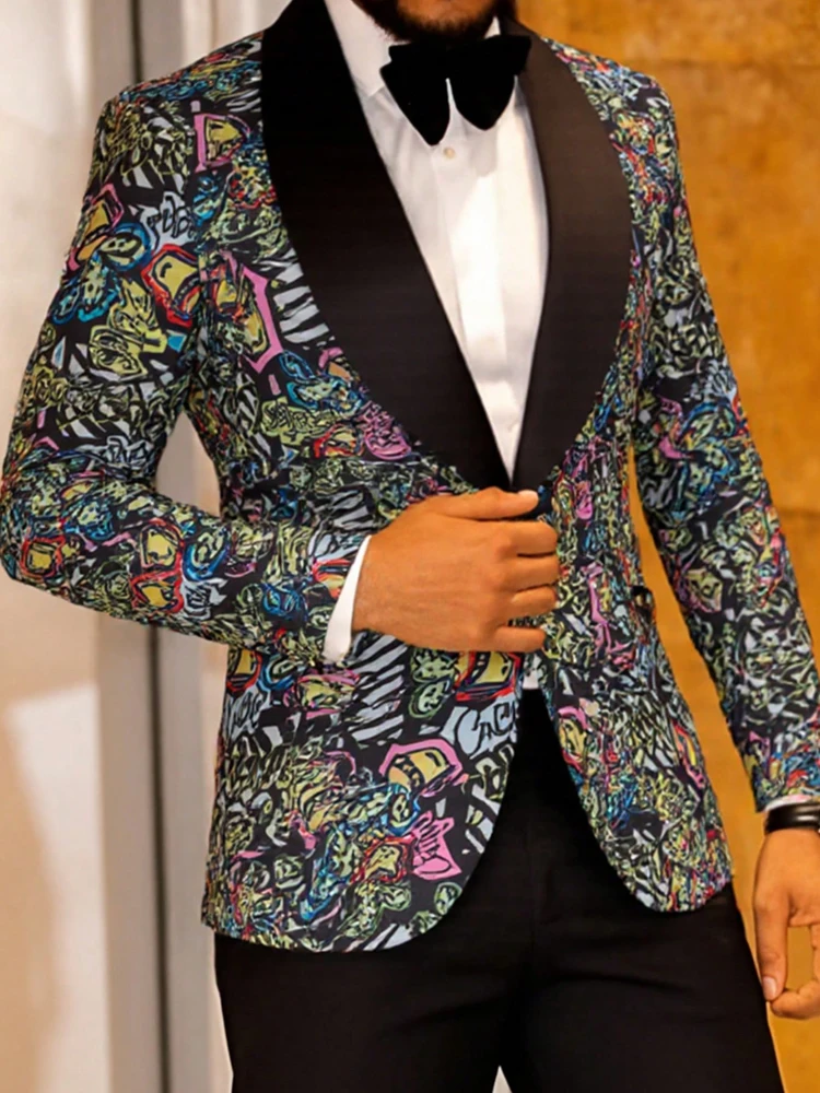 

Men's single-breasted suit with floral pattern, featuring a slim-fitting and fashionable outerwear set with a lapel