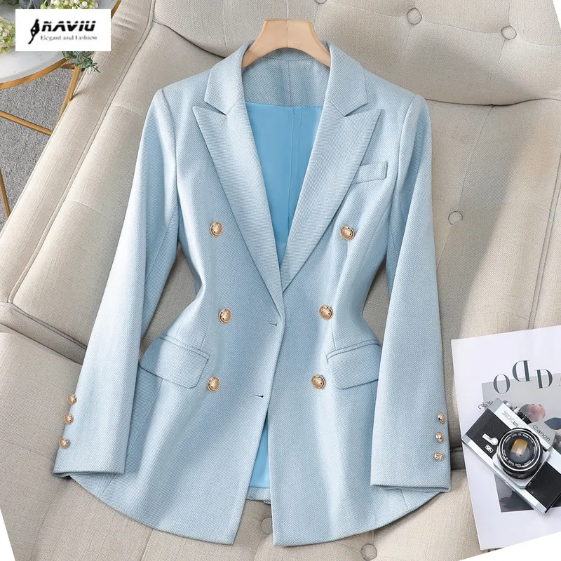 NAVIU High End Blazer Women Spring Autumn Jacket Office Ladies Buiness Suit Long Sleeve Coat Blue Clothing New Pink Apricot