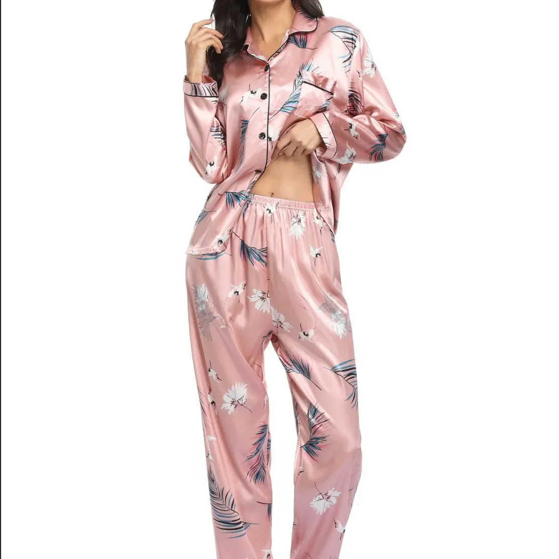 Conjunto de pijamas de manga comprida feminino, seda sintética, pijamas cetim, botões, primavera, verão, Homewear, estampa, 2 peças