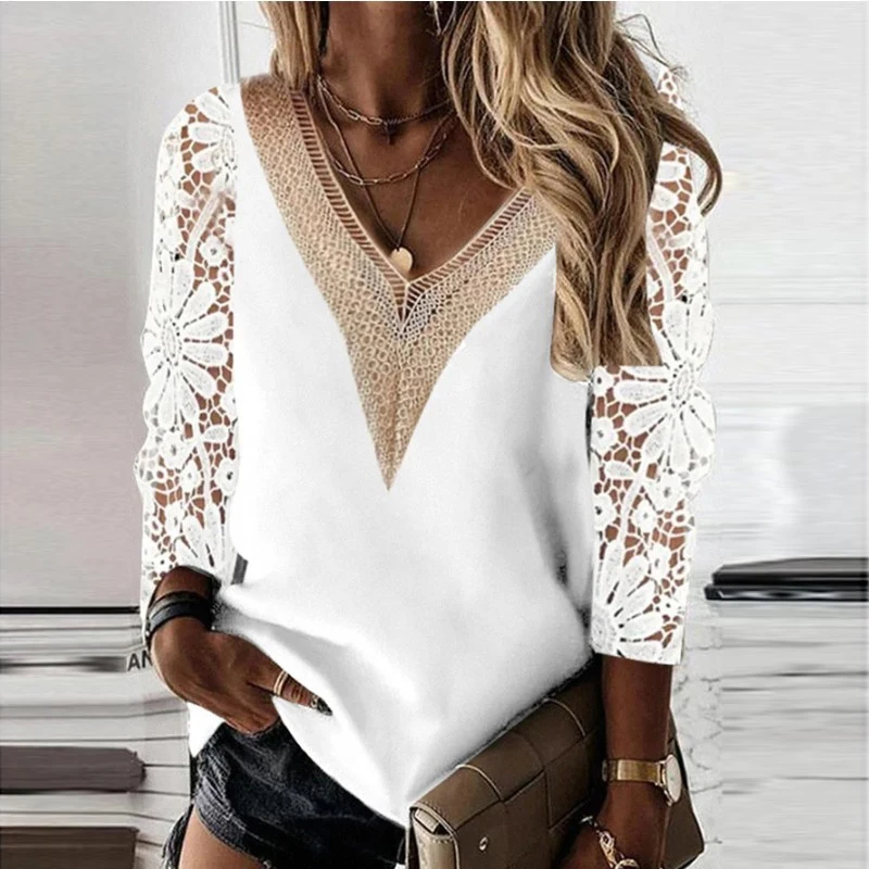 Autumn V-neck Lace Office Lady Blouse Spring Fashion Long Sleeve Hollow Chiffon Shirt Casual Tops Loose Clothes Blusas 25948