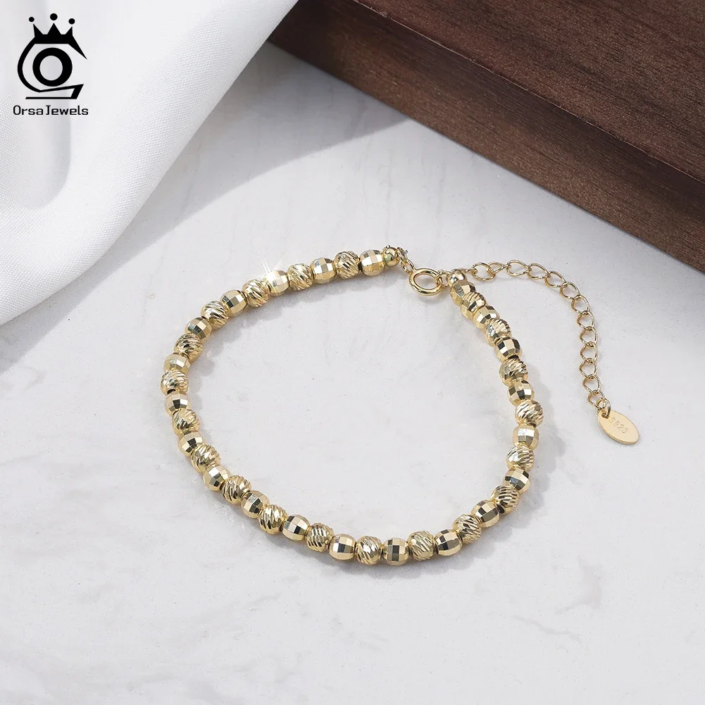 

ORSA JEWELS Genuine 925 Sterling Silver 4mm Beaded Bracelet For Women Couple Jewelry Personality Hand Chain Accessories GAB01