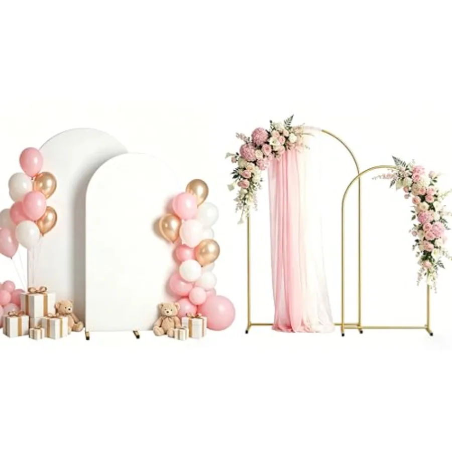 

Wedding ceremony arch backdrop stand and cover set, gold metal frame with white stretchy spandex cover, wrinkle-resistant, 7.2F