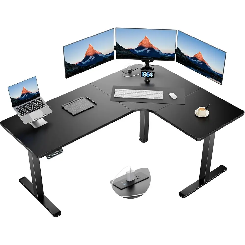 

Стоячий стол L-образной формы с двумя двигателями 63 дюйма, встроенные розетки, угловой компьютерный стол с электрической регулировкой по высоте, большой удлинитель