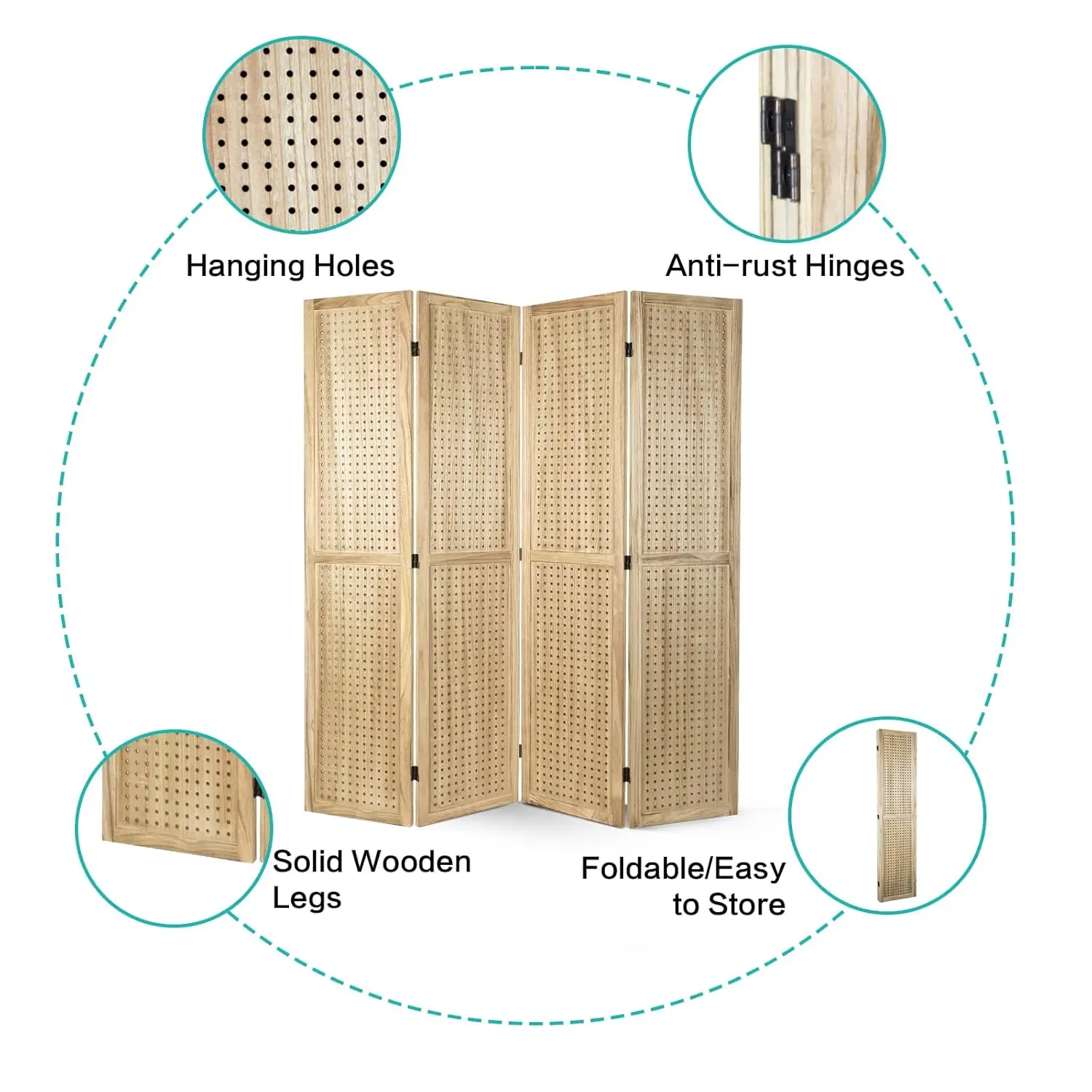 Peg Board Room Divider Pegboard Freestanding Folding Privacy Screens Pegboard Display Stand for Craft Shows (Natural)