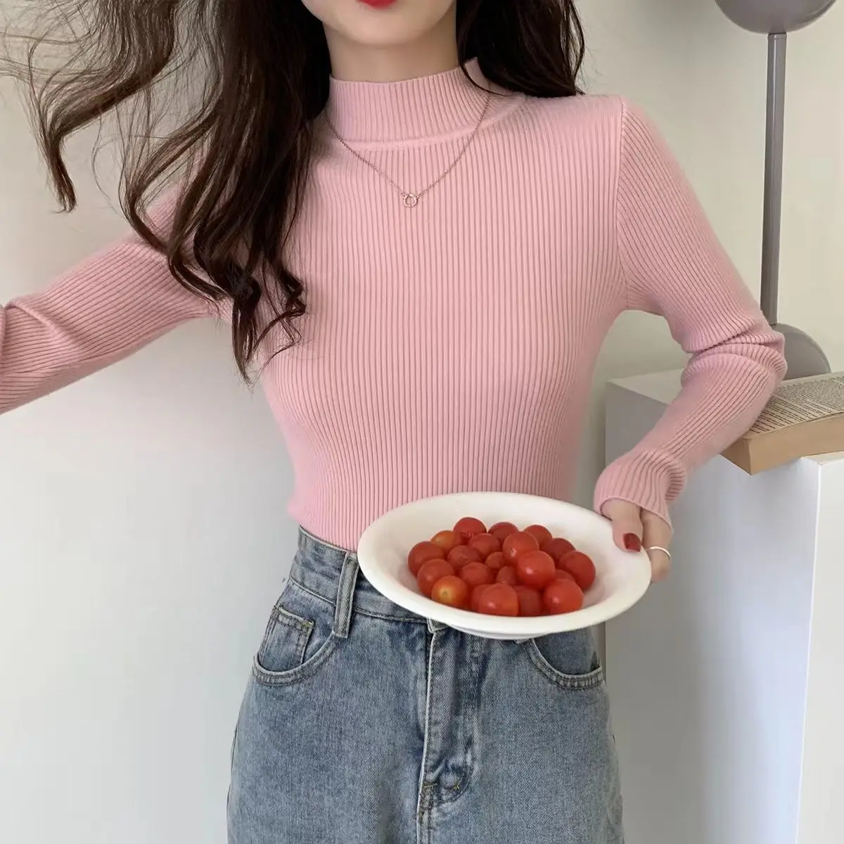 

2026 Half high neck sweater women autumn winter slim fit tight fitting long sleeved inner knitted stylish mid neck top Pullovers