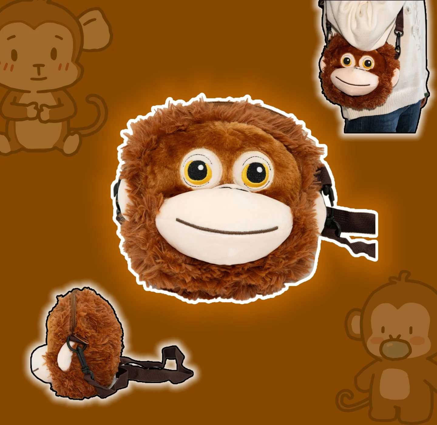 Yanqing New Monkey Plush Bags Cute Cartoon Plush Crossbody Bag Funny Student School Crossbody Bag  Birthday Gifts
