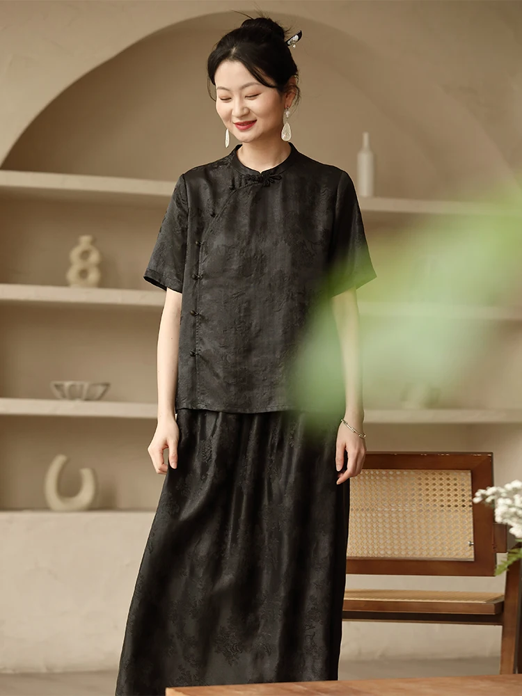 

New Spring Design Silk Shirt round Neck Chinese Style Women's Long Sleeve Breathable Comfortable Pure Color Top