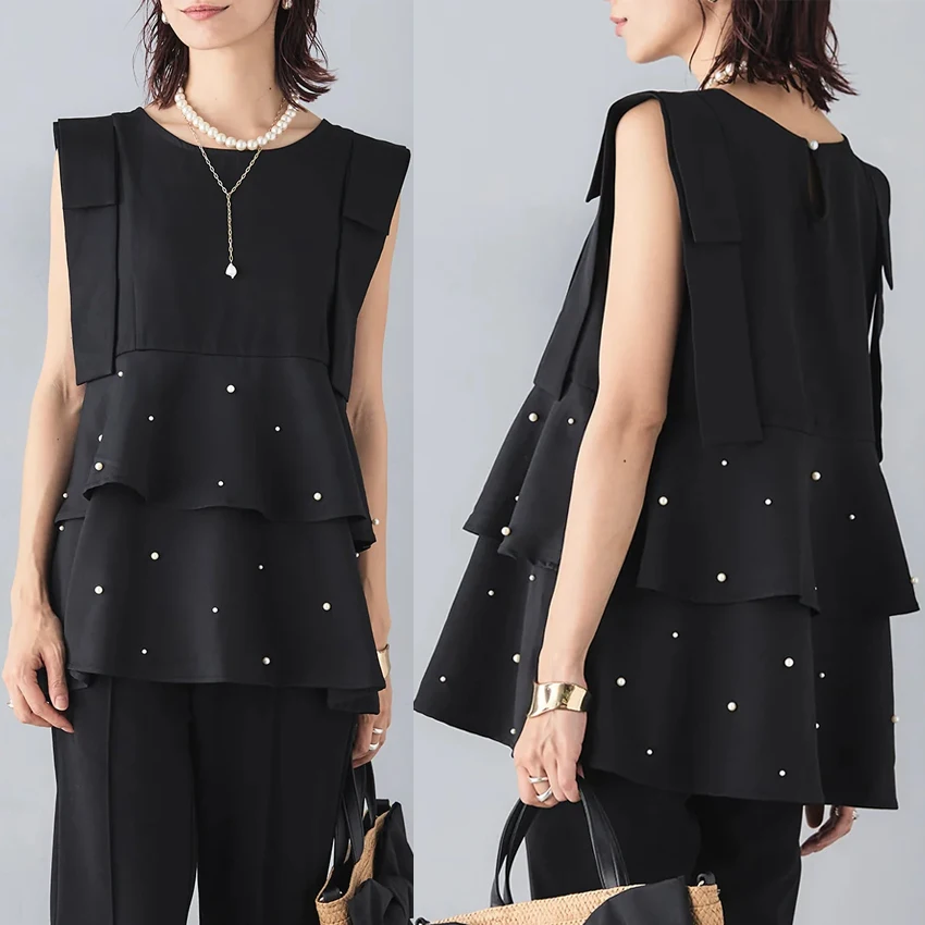 Summer Sleeveless Peals Beaded Blouses Women Tops Korean Fashion Loose Casual Shirts Ladies O-Neck Black Commute Blusas De Mujer