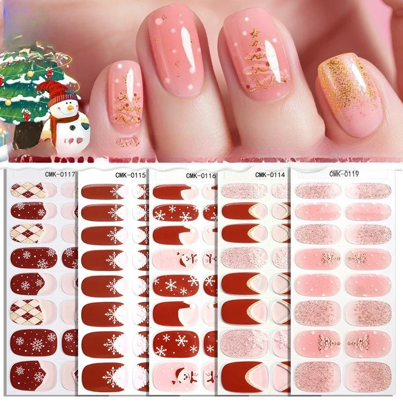 1 hoja de envolturas de uñas de Gel de Navidad UV sin hornear, diseños de hojas de flores, pegatinas adhesivas para uñas de invierno de Año Nuevo, calcomanías de decoración