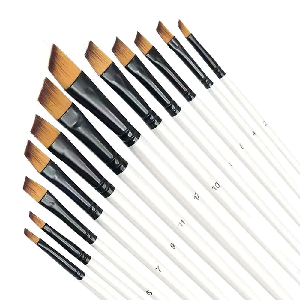12Pcs Nylon Watercolor Brush Set Pointed Round Flat Head Soft Hair Hand Drawn Watercolor Beginner's Art Artists Flat Brushes