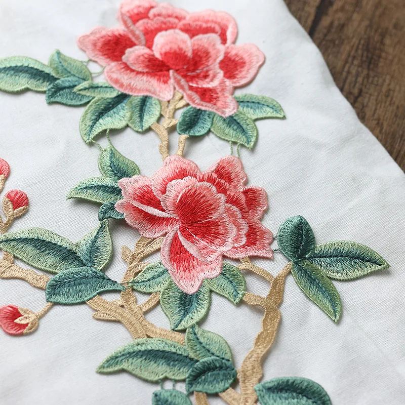 1 Piece Fine Embroidery Peony Sew on Patch for Clothing Big Size Patch DIY Repair Creative Decoration Glue-free