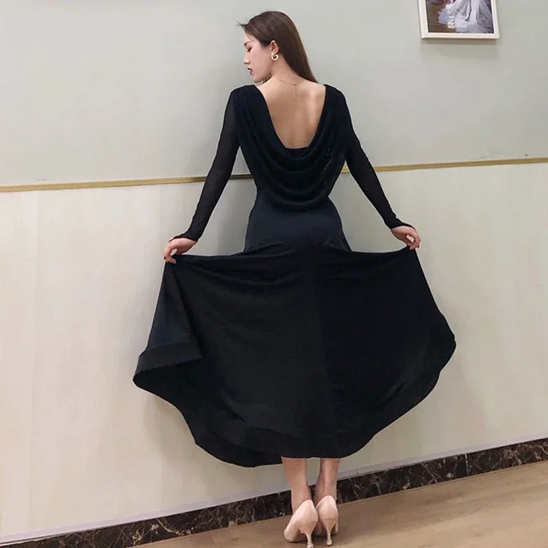 Vestido longo de malha feminino, Valsa Tango Fantasia, Prática de Salão, Sem Costas, Vestido preto, Vestido de dança de salão