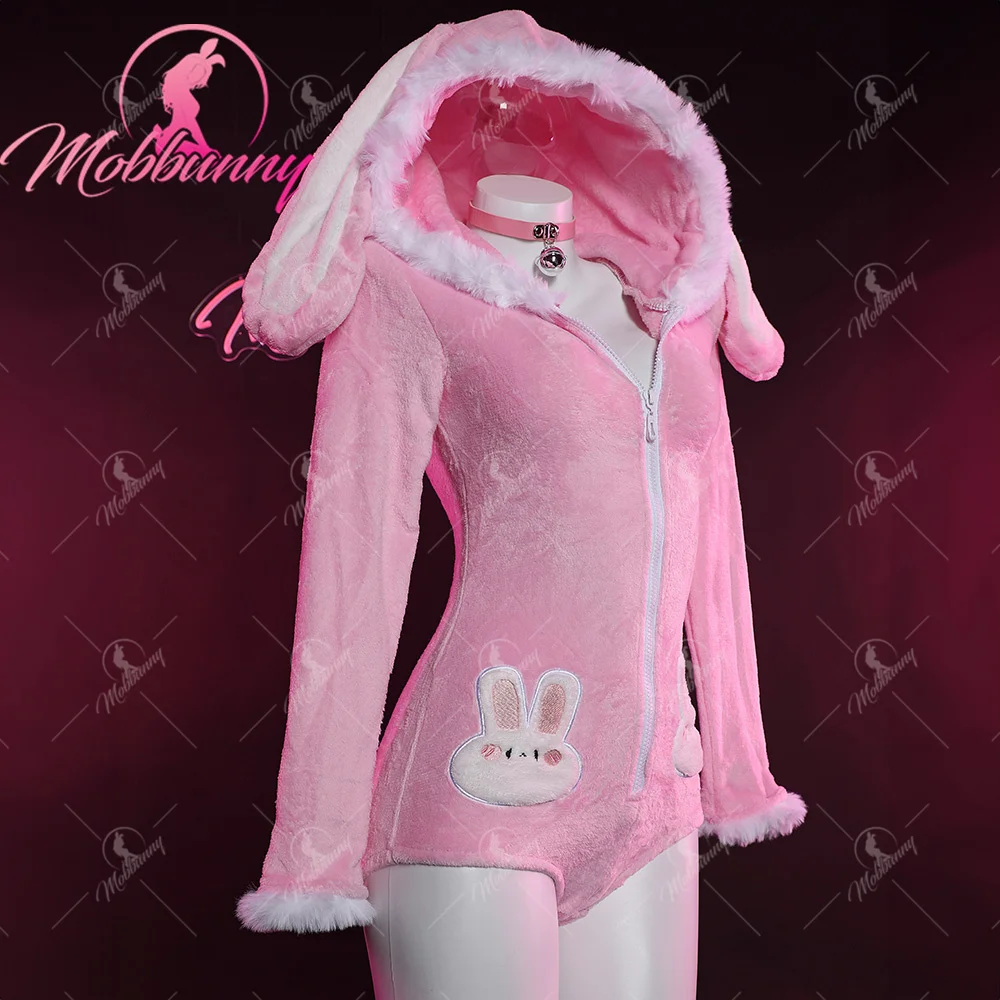 Mobbunny Women\'s Cute Bunny Furry Bodycon Romper Kawaii Pink Rabbit Bodysuit with Choker Tail and Stocks Cosplay Costumes