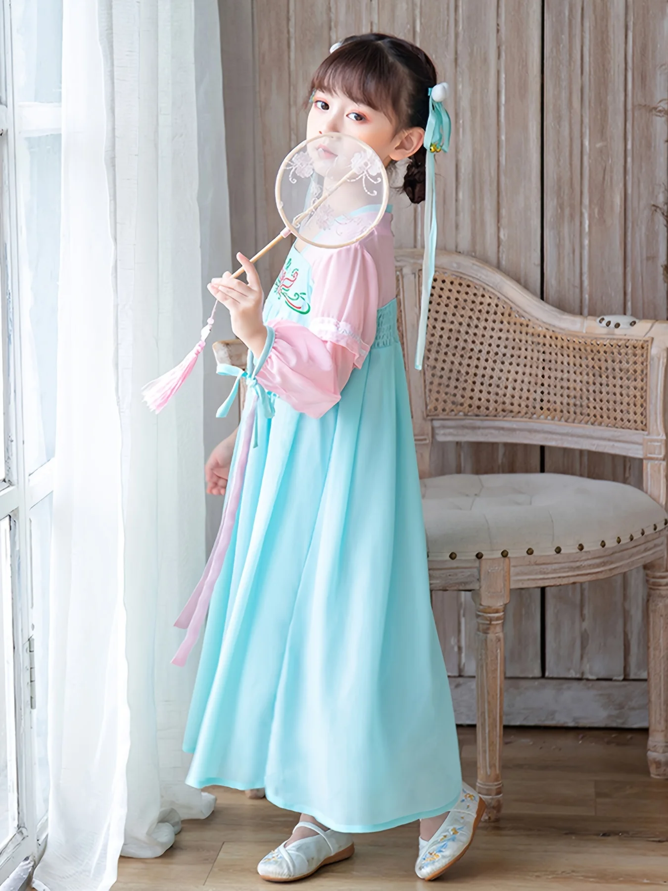 Meninas chinês antiguidade hanfu tang flor bordado mangas compridas chiffon azul princesa vestido primavera festival trajes de ano novo