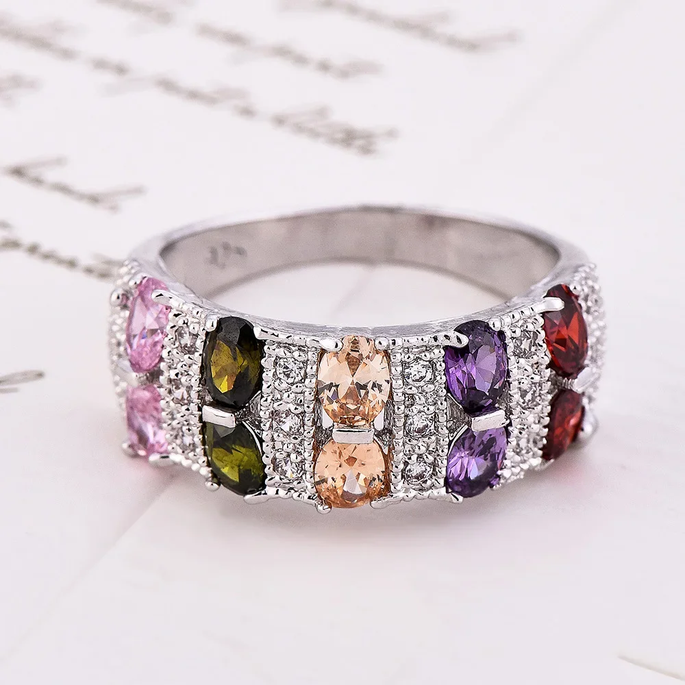 Bohemian Female Rainbow 925 Sterling Silver Filled Promise Engagement Rings for Women Colorful CZ Crystal Wedding Jewelry