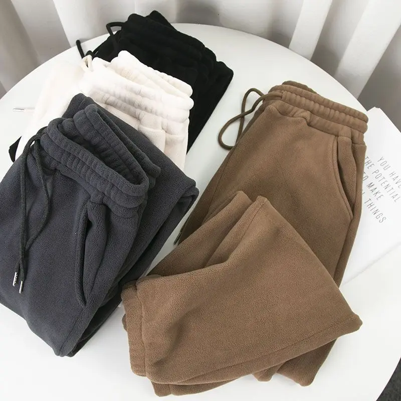 Winter Fleece Harem Pants Women Unisex Loose Wide Leg Sweatpants High Waist Drawstring Comfortable Straight Baggy Sweatpants