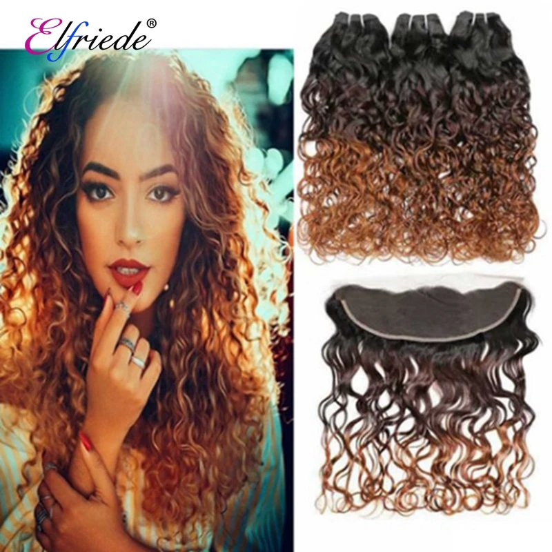 Elfriede 1B/4/30 Water Wave Ombre Colored Hair Bundles with Frontal 100% Remy Human Hair Weaves 3 Bundles with Lace Frontal 13x4